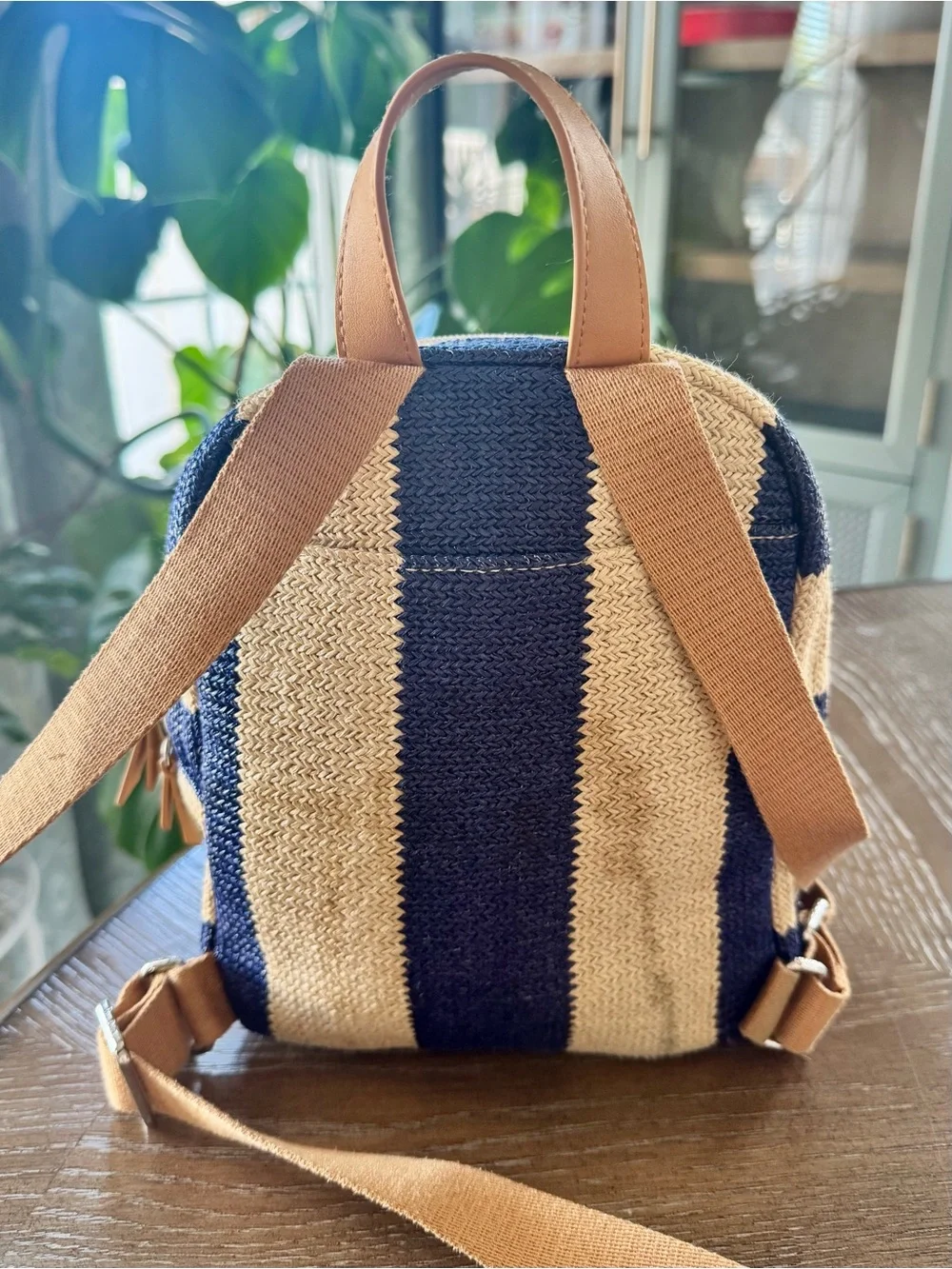 Vera Bradley Navy Strip Mini Straw Backpack Floral Flamingo Print Tropical Bag